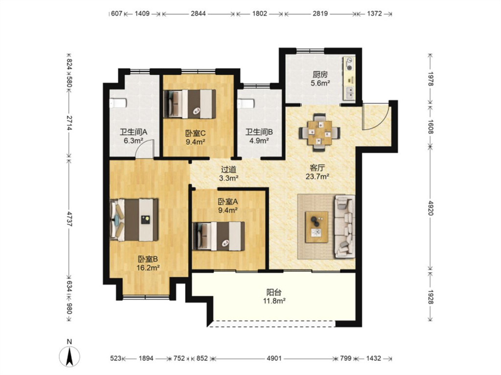 新城香溢紫郡 3室2厅2卫 117m&sup2;