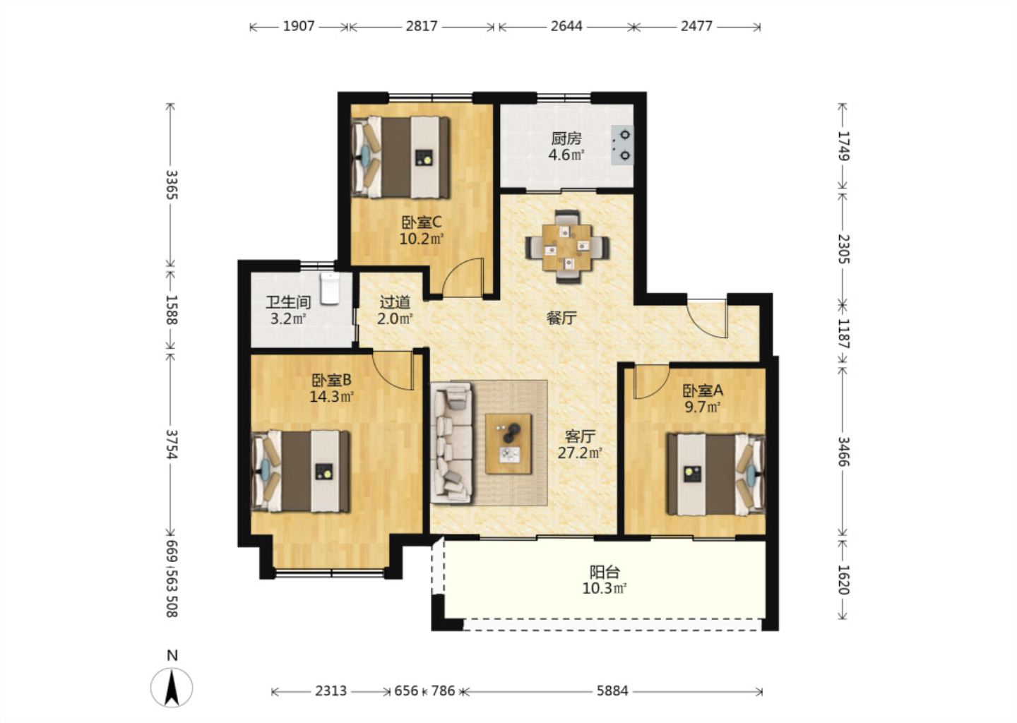 融创盛和九里桃源 3室2厅1卫 109m&sup2;