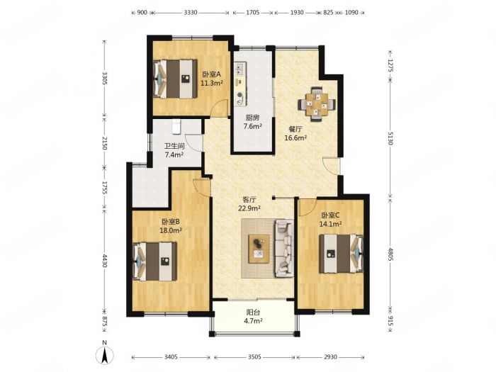 瑞景广场 3室2厅2卫 130.00m&sup2;