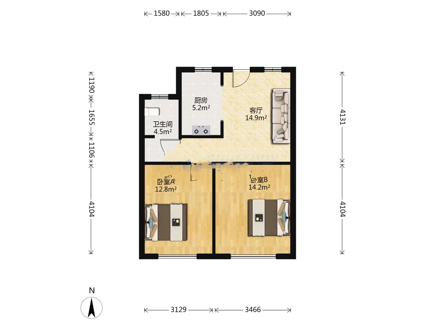 中南世纪花城二期 2室2厅1卫 67.63m&sup2;