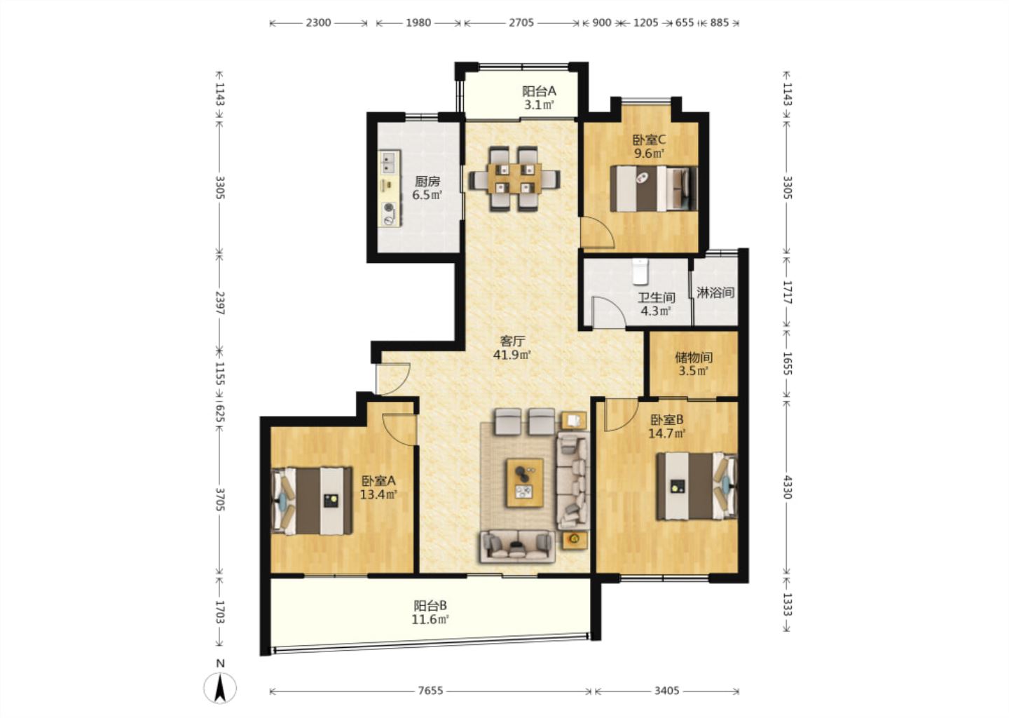 中天福邸 3室2厅1卫 130.00m&sup2;