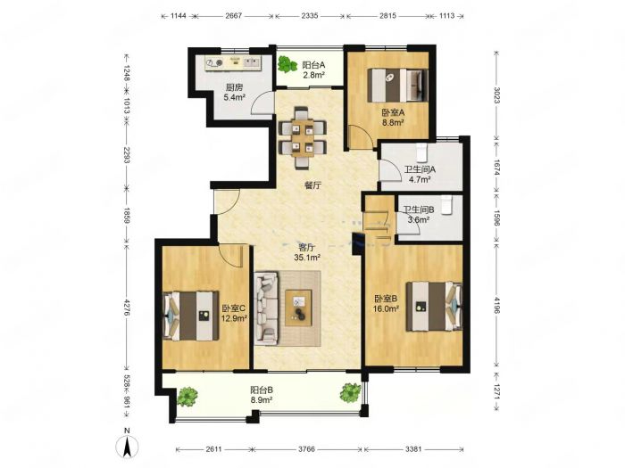 同和嘉苑东区 3室2厅1卫 134.00m&sup2;