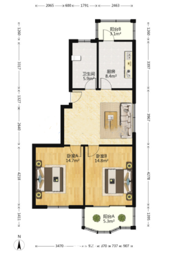 幸福怡居 2室2厅1卫 96m&sup2;