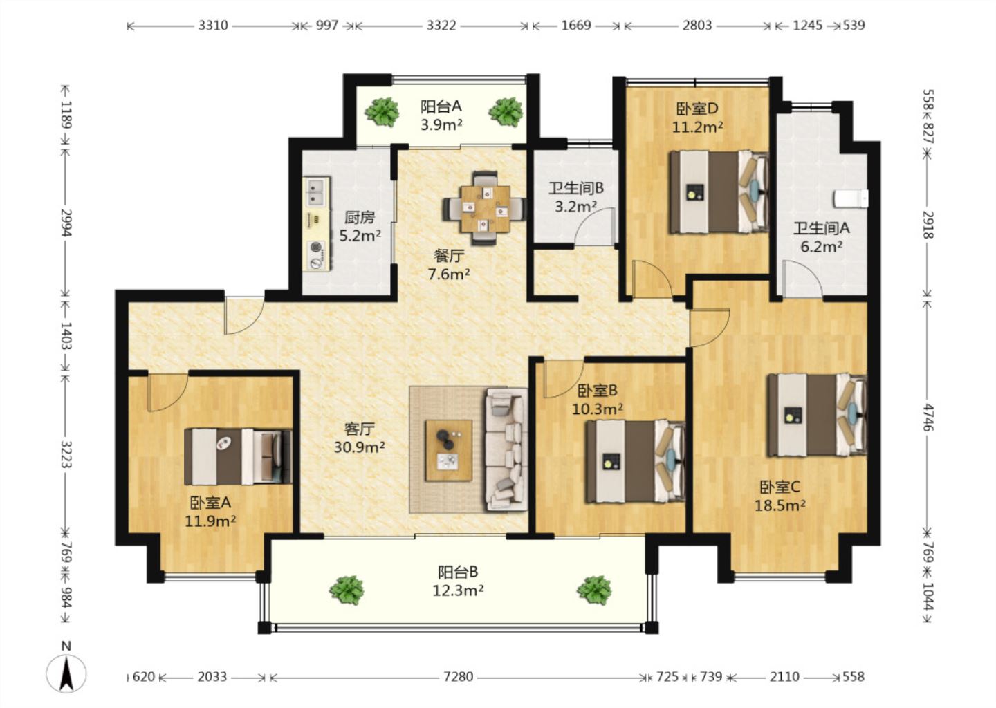 南通碧桂园翡翠华府 4室2厅2卫 143m&sup2;