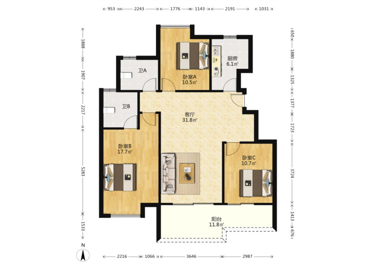 万科白鹭湾 3室2厅1卫 113.82m&sup2;