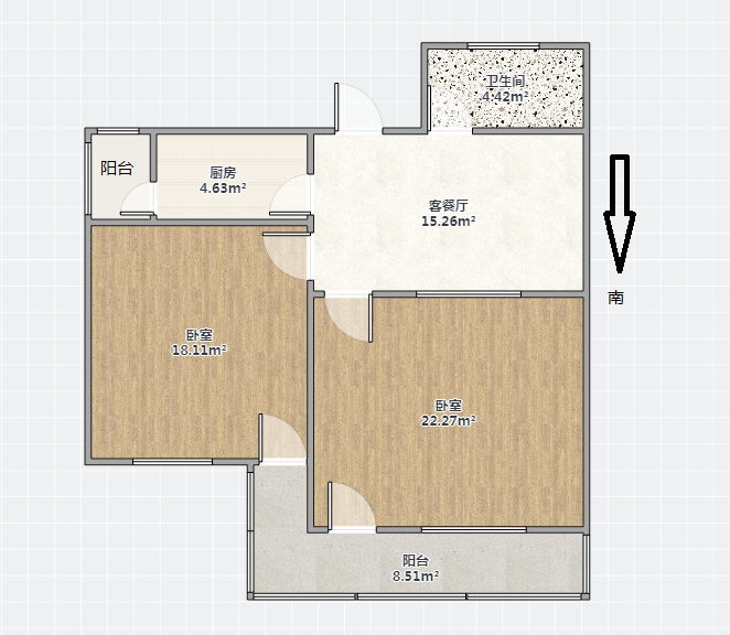 青年中路2号 2室1厅1卫 59.57m²