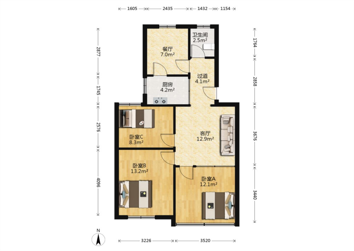 光明东村一期 3室2厅1卫 89.00m&sup2;