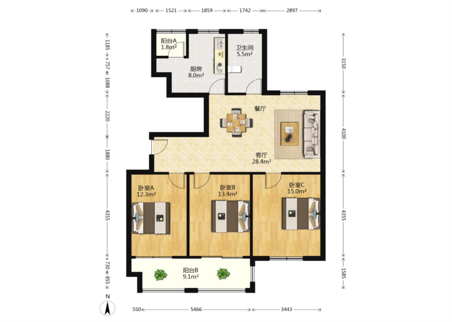 紫东南苑北区 3室1厅1卫 121m&sup2;