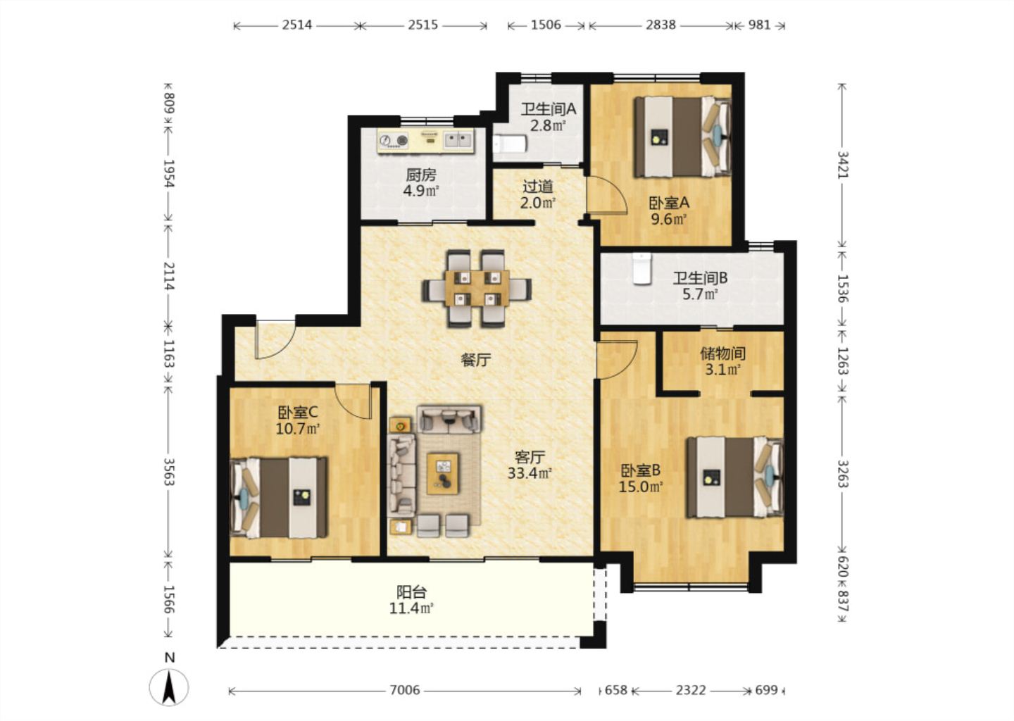 融创盛和九里桃源 3室2厅2卫 128m&sup2;