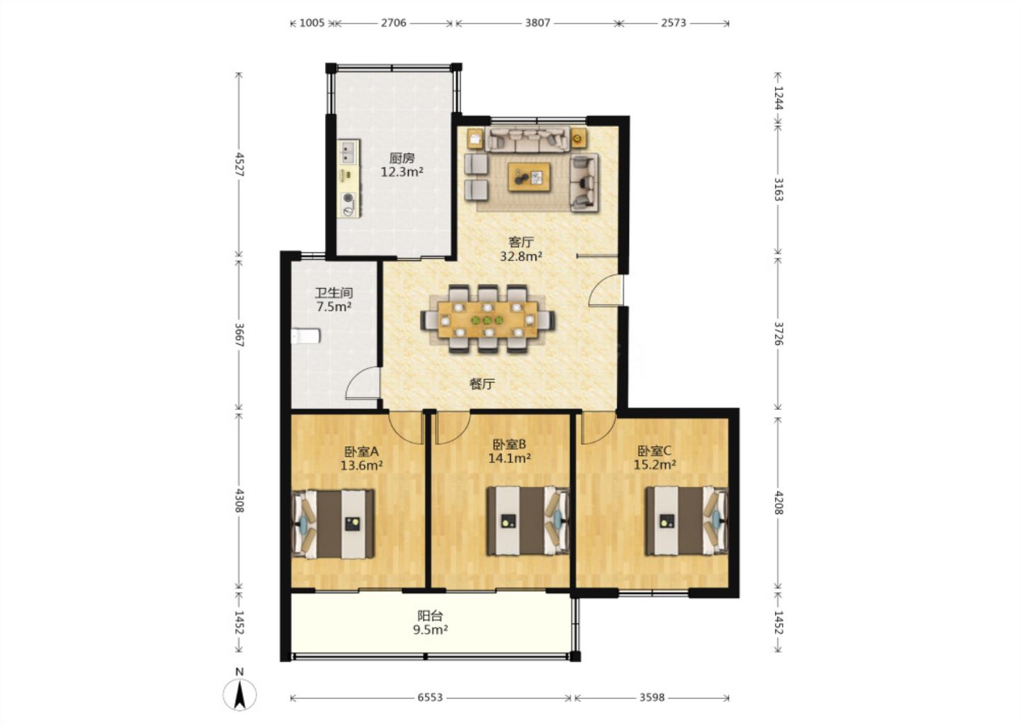 城港花苑 3室1厅1卫 122.85m&sup2;