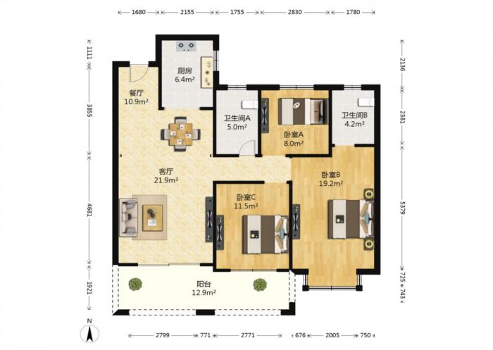 华强城 3室2厅2卫 123m&sup2;