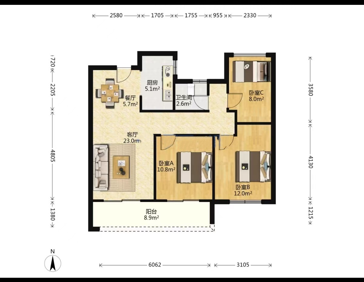 春风南岸东园 3室2厅1卫 96m&sup2;