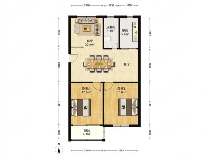 学田北苑 2室2厅1卫 93m&sup2;