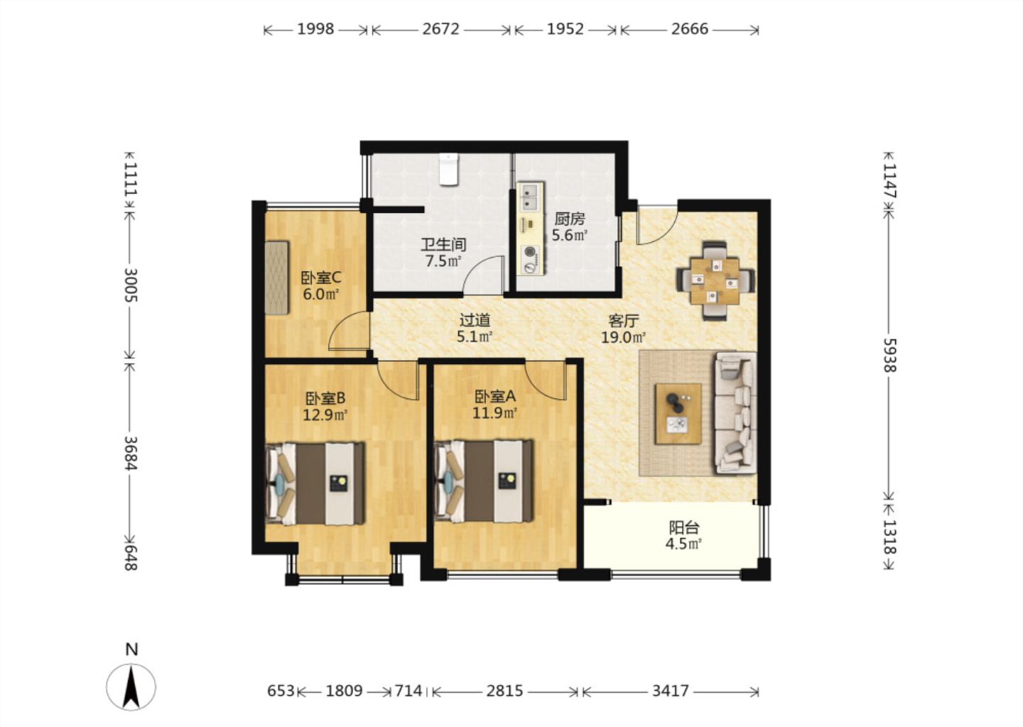 御景澜庭 2室2厅1卫 88m&sup2;