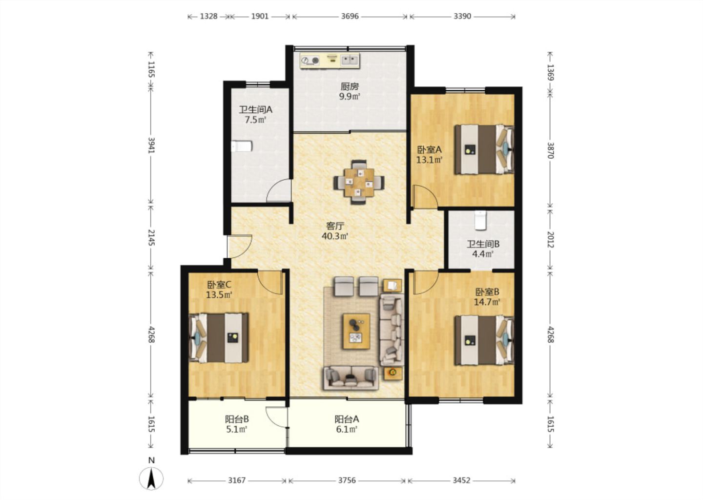 北郭东村南区 3室2厅2卫 129.79m&sup2;