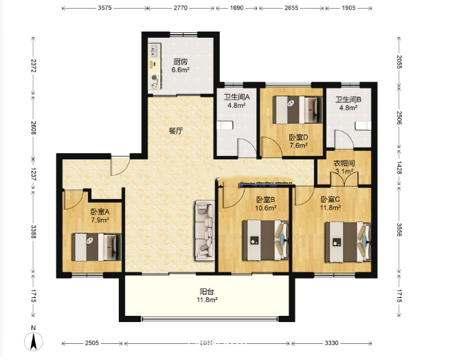 景瑞御府 4室2厅2卫 148m&sup2;