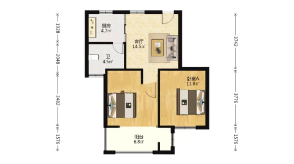龙田花苑二期 2室1厅1卫 70.00m&sup2;