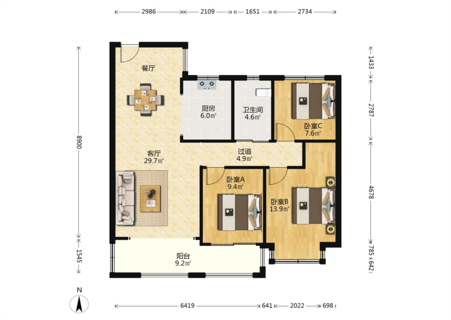 华强城 3室2厅1卫 105m&sup2;