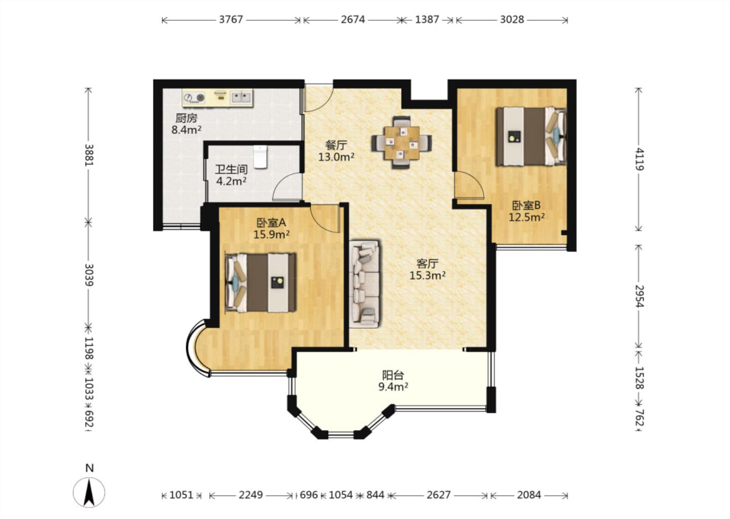 帝奥世伦名郡 2室1厅1卫 93.83m&sup2;