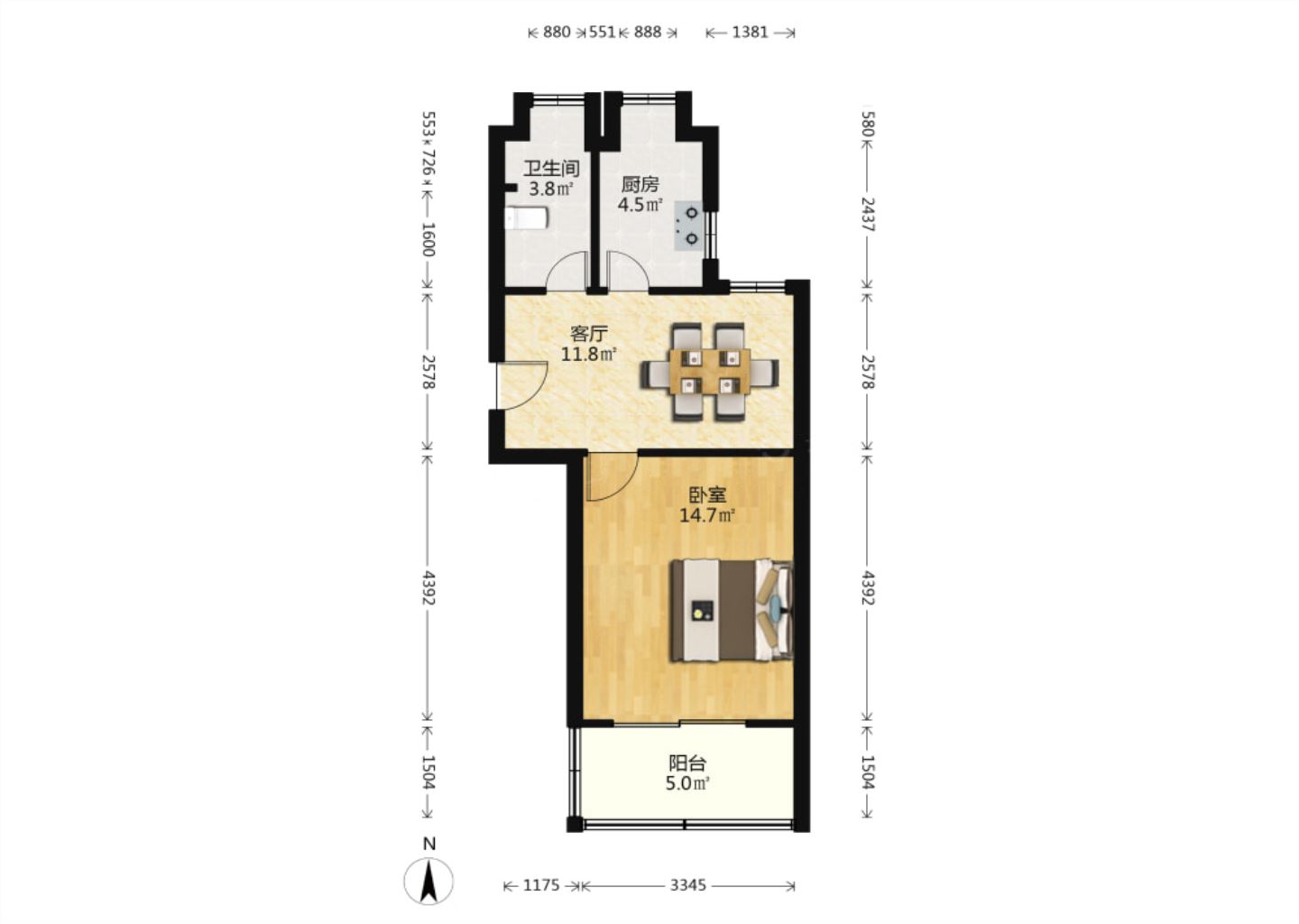 朱家园（跃龙小区） 1室1厅1卫 47.78m&sup2;