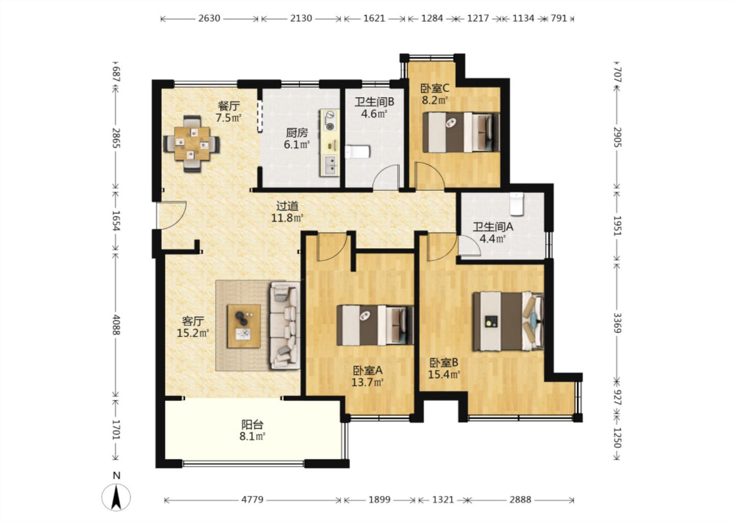 万达华府 3室2厅2卫 121m&sup2;