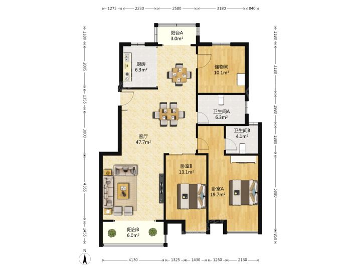 苏建阳光新城 3室2厅2卫 139m&sup2;