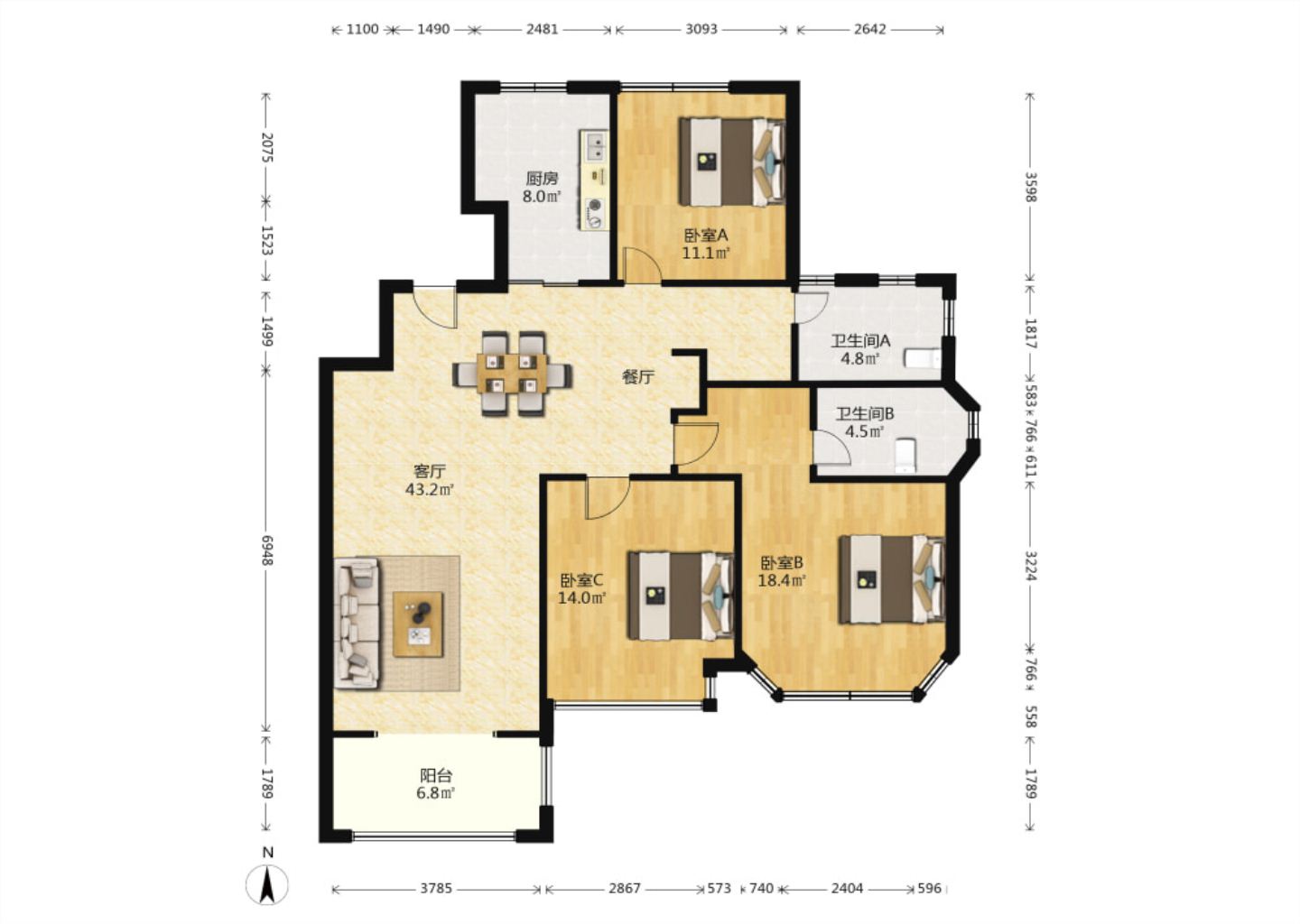 盛和九里香堤一期 3室2厅2卫 134.5m&sup2;