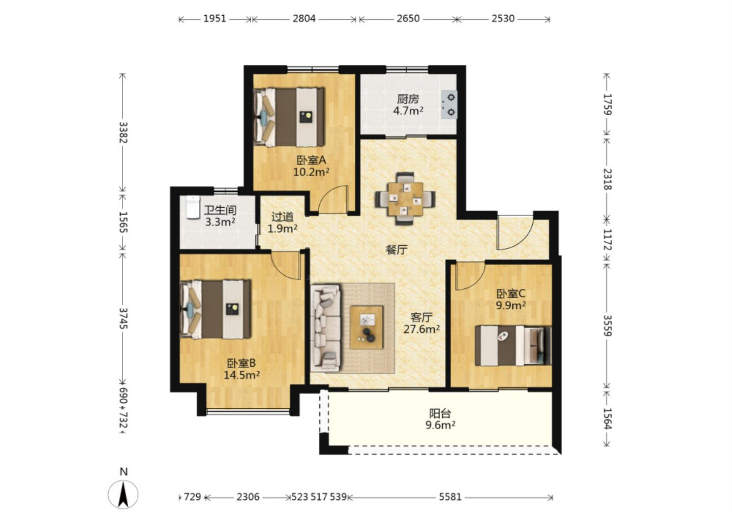 融创盛和九里桃源 3室2厅1卫 109m&sup2;