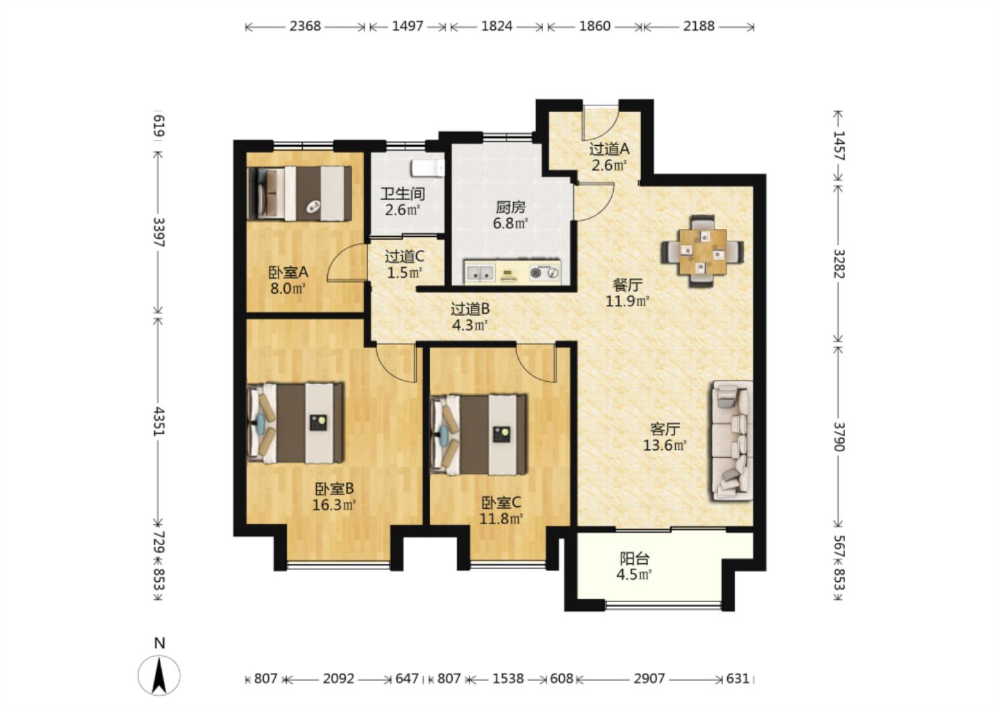 万科濠河传奇 3室2厅1卫 107m&sup2;