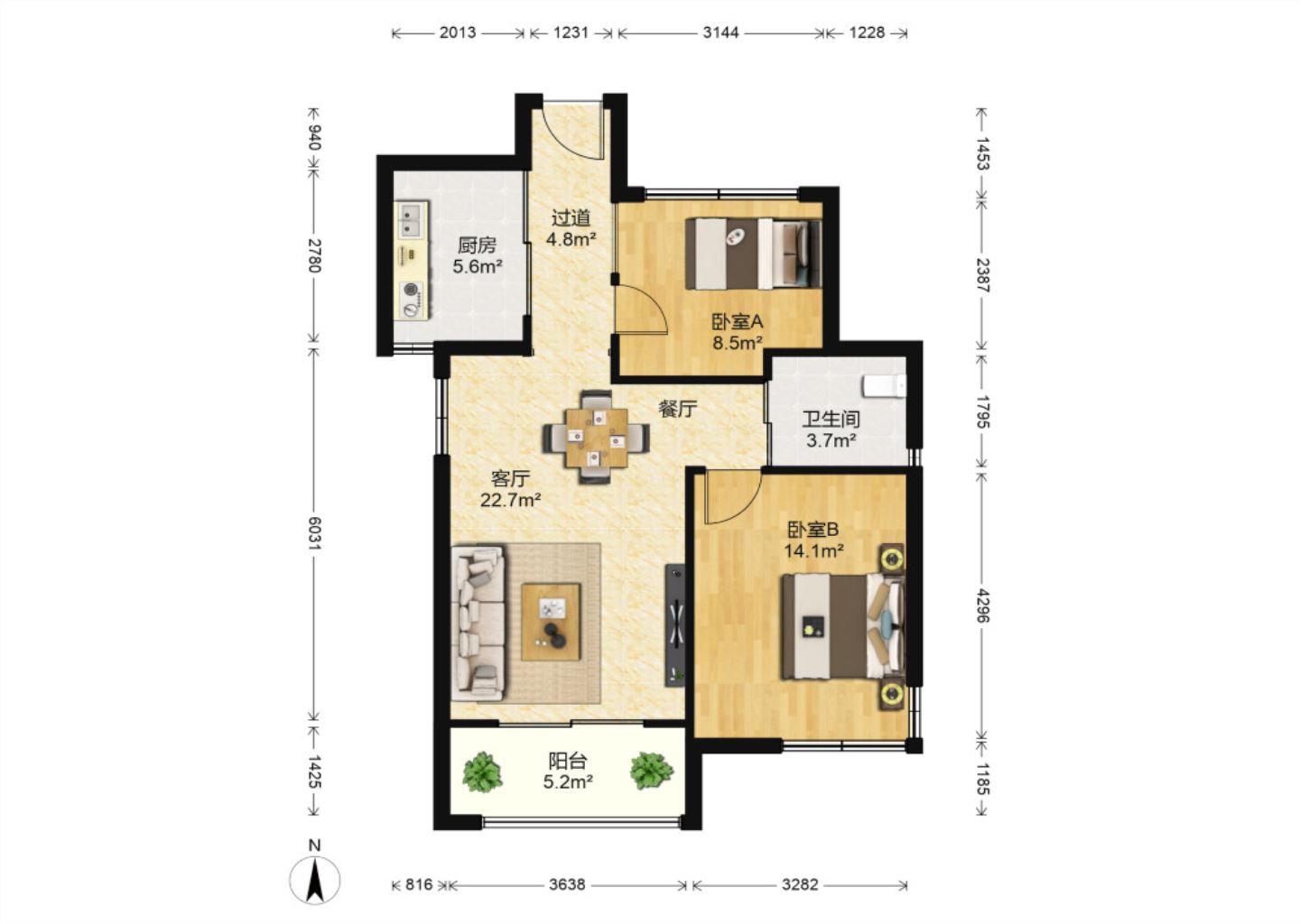 万通城 2室2厅1卫 74m&sup2;