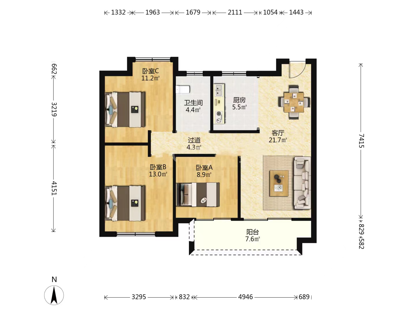 碧桂园世纪滨江 3室2厅1卫 99m&sup2;