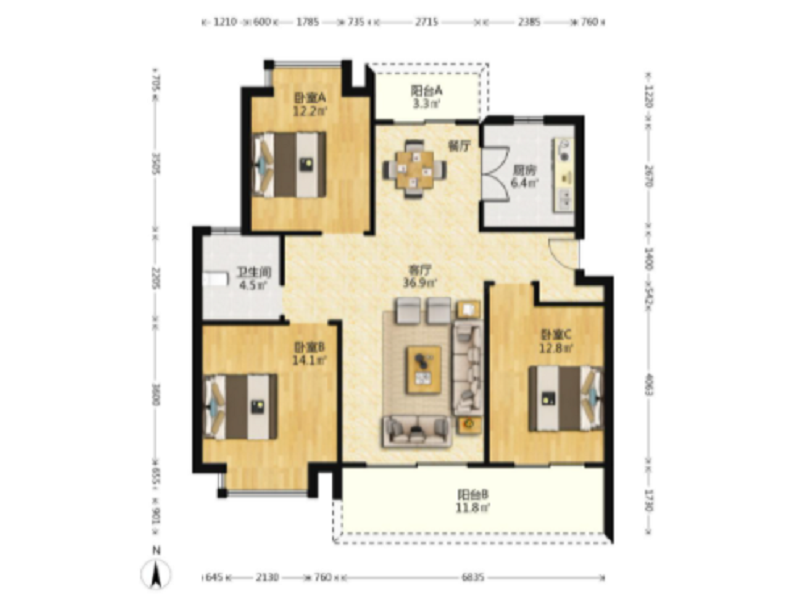 中创大都会 3室2厅2卫 115m&sup2;