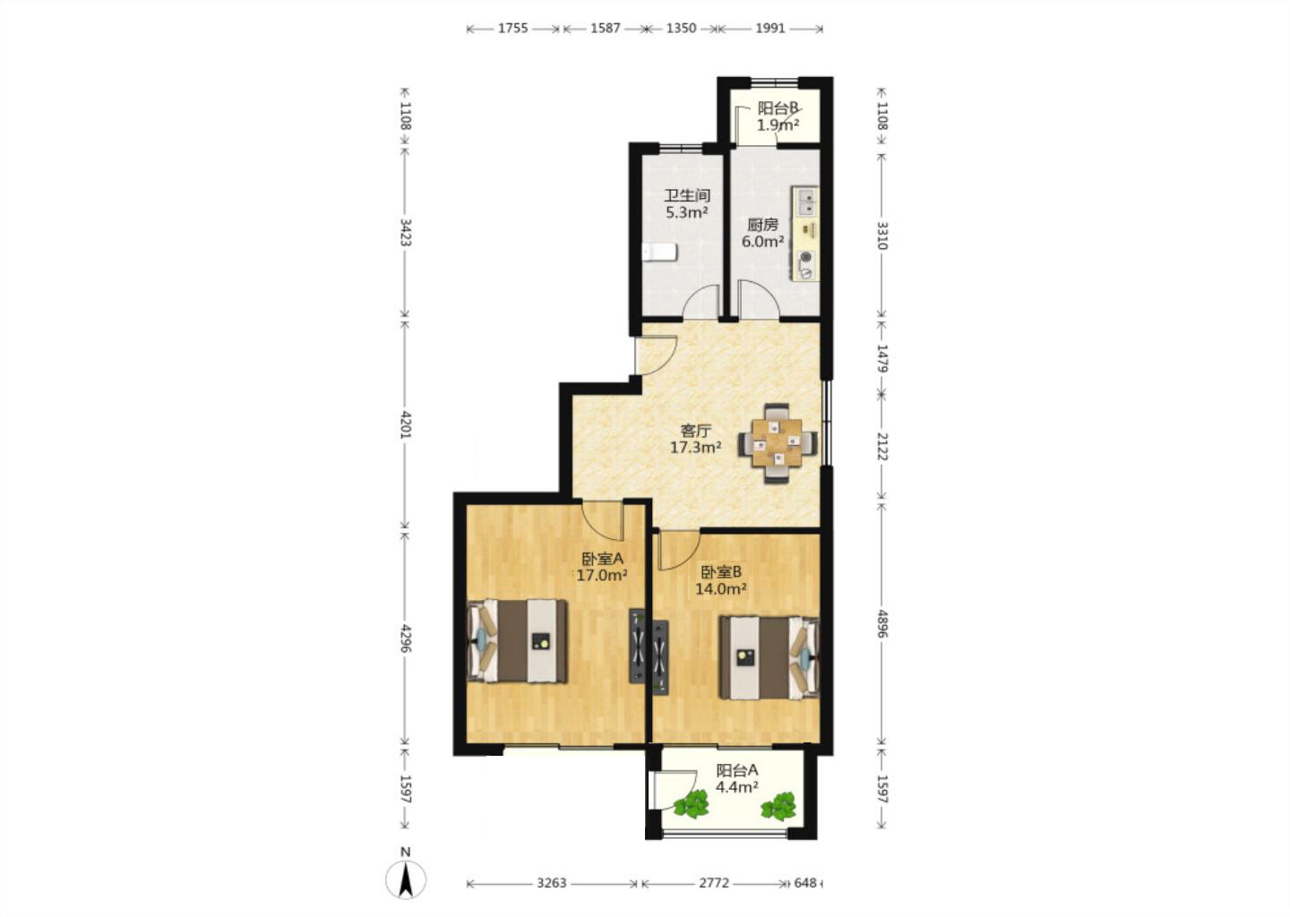 永兴福里南区 2室2厅1卫 90.00m&sup2;
