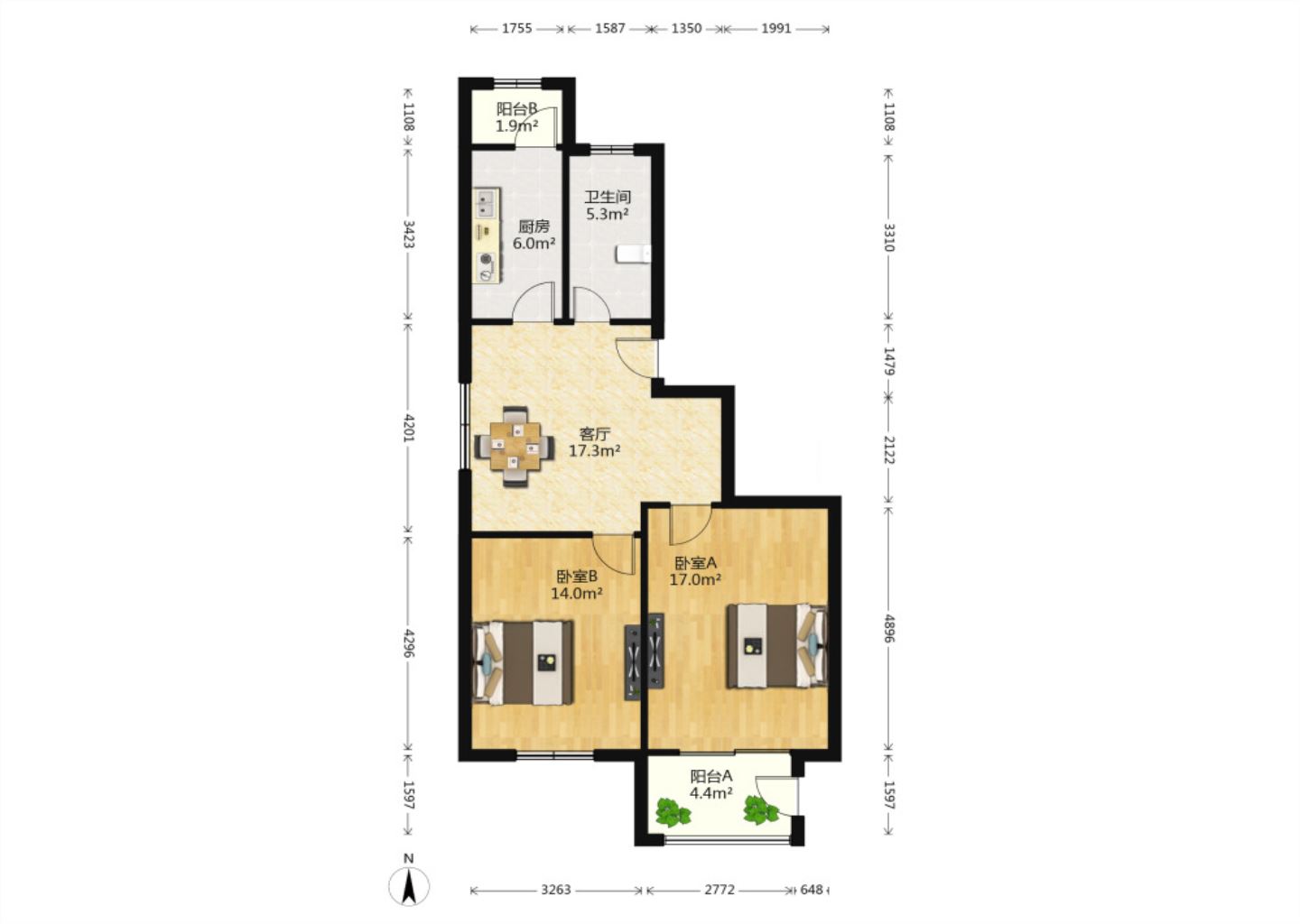 永兴福里南区 2室2厅1卫 90.00m&sup2;