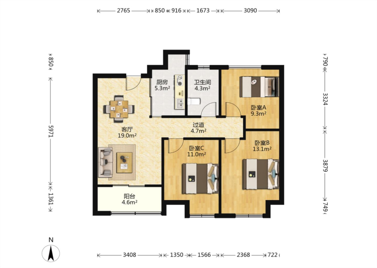 世茂公元 3室2厅1卫 89m&sup2;
