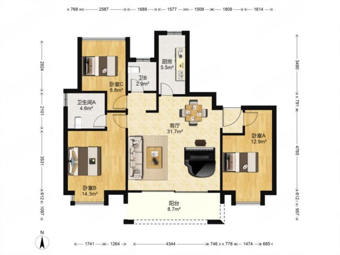 雍华府 3室2厅2卫 110m&sup2;