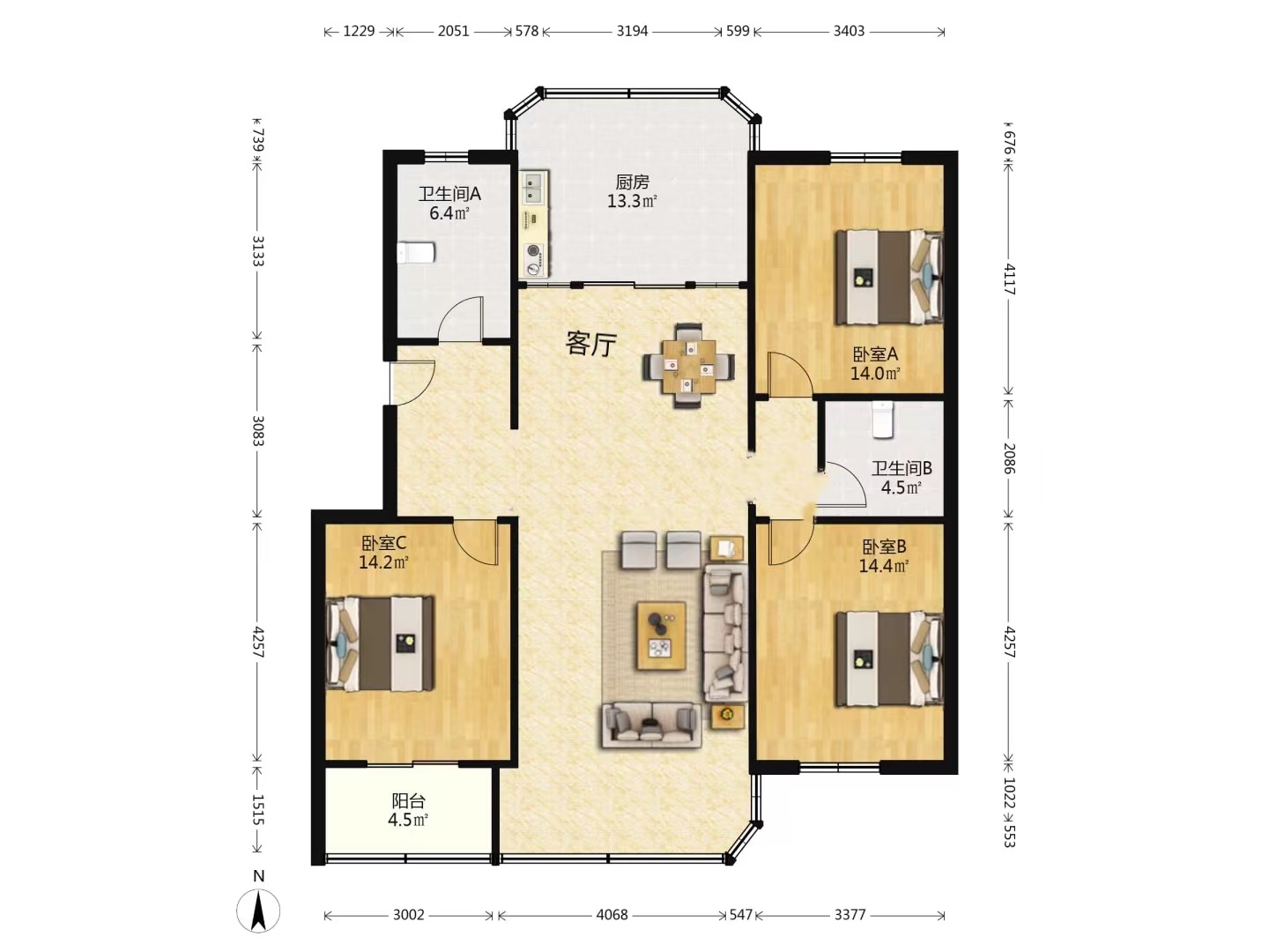 和兴花苑 3室2厅2卫 140.95m²