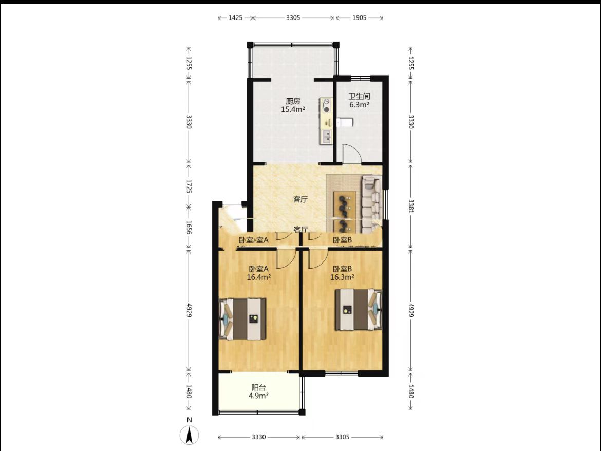 世纪新城 2室1厅1卫 90m&sup2;