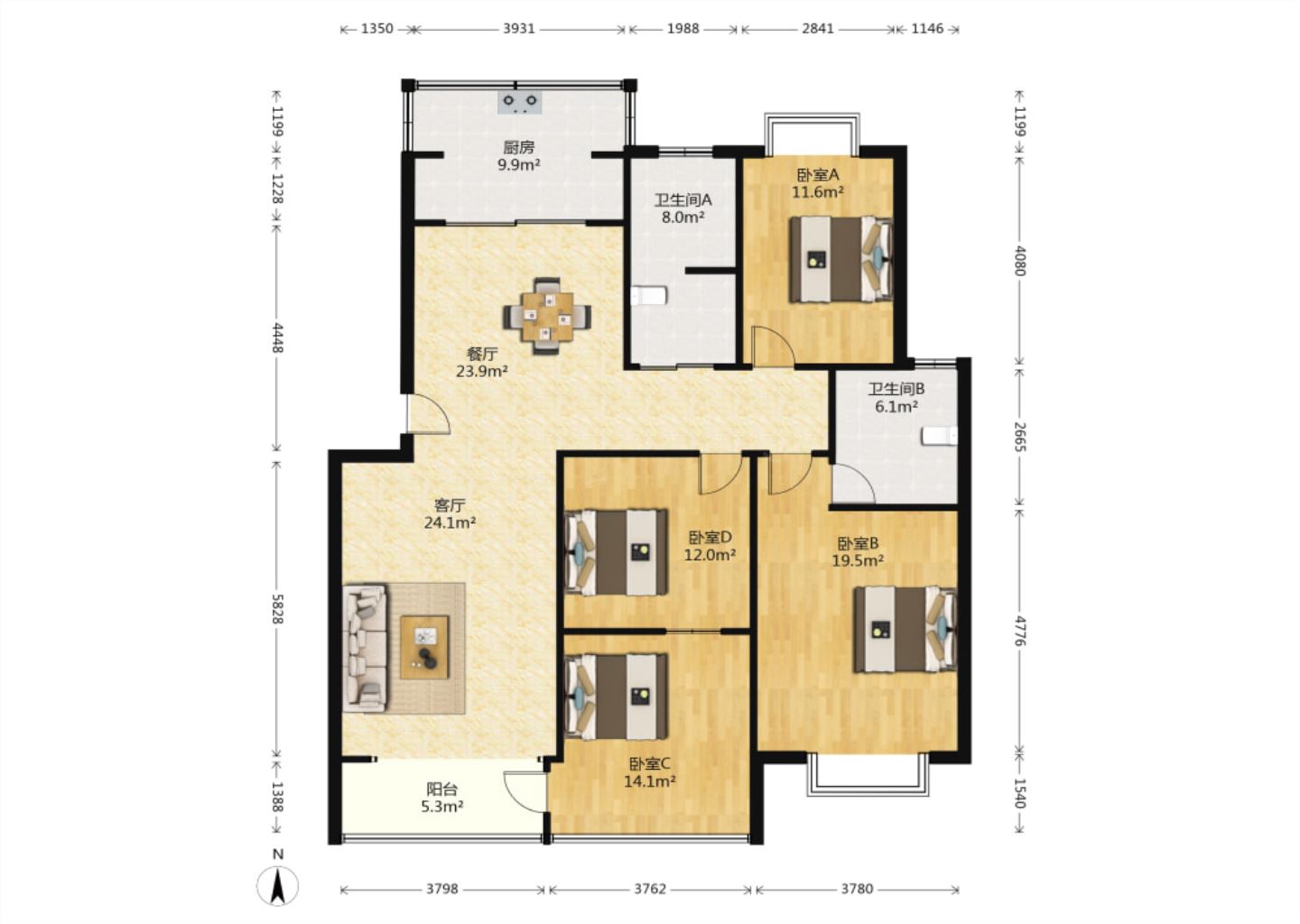 盛和永兴花苑 4室2厅2卫 150m&sup2;