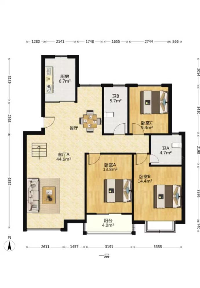 长航地中海花园 3室2厅1卫 158m&sup2;