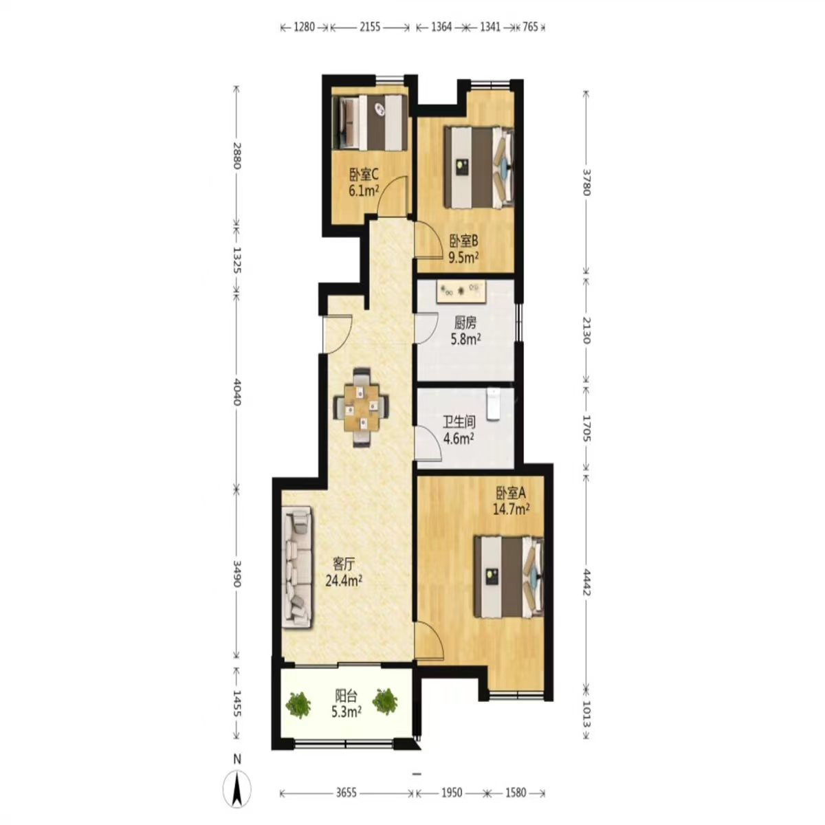 万科金域蓝湾 3室2厅1卫 93.00m&sup2;