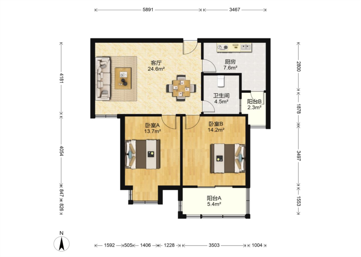 曙光福里 2室2厅1卫 92m&sup2;