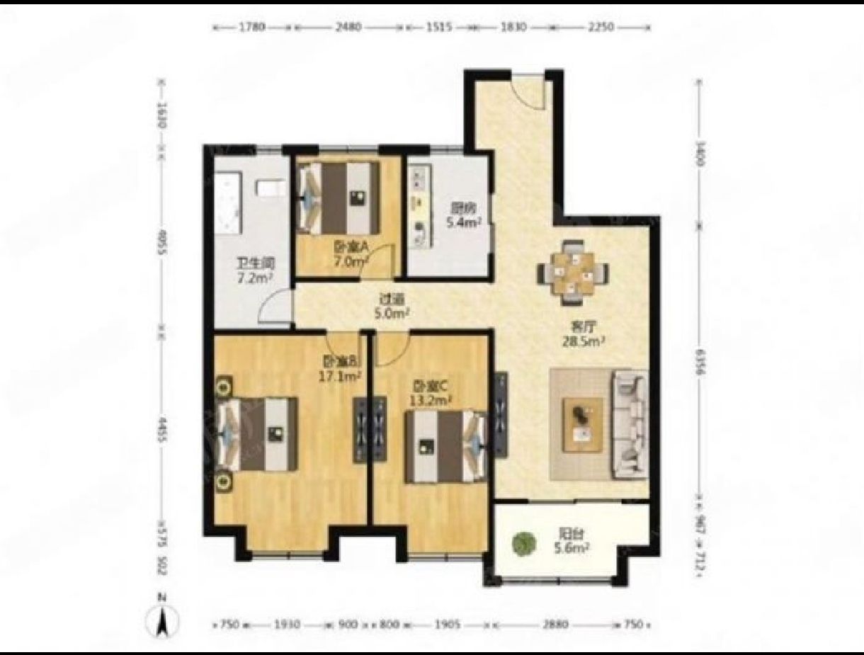 万科金域蓝湾 3室2厅1卫 108m&sup2;