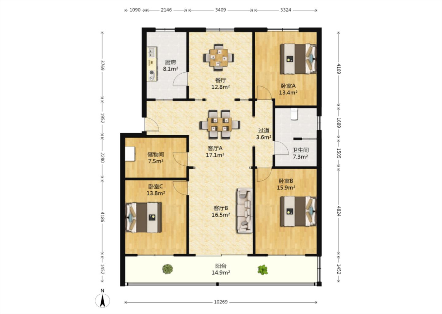 虹南小区 4室2厅2卫 152m&sup2;