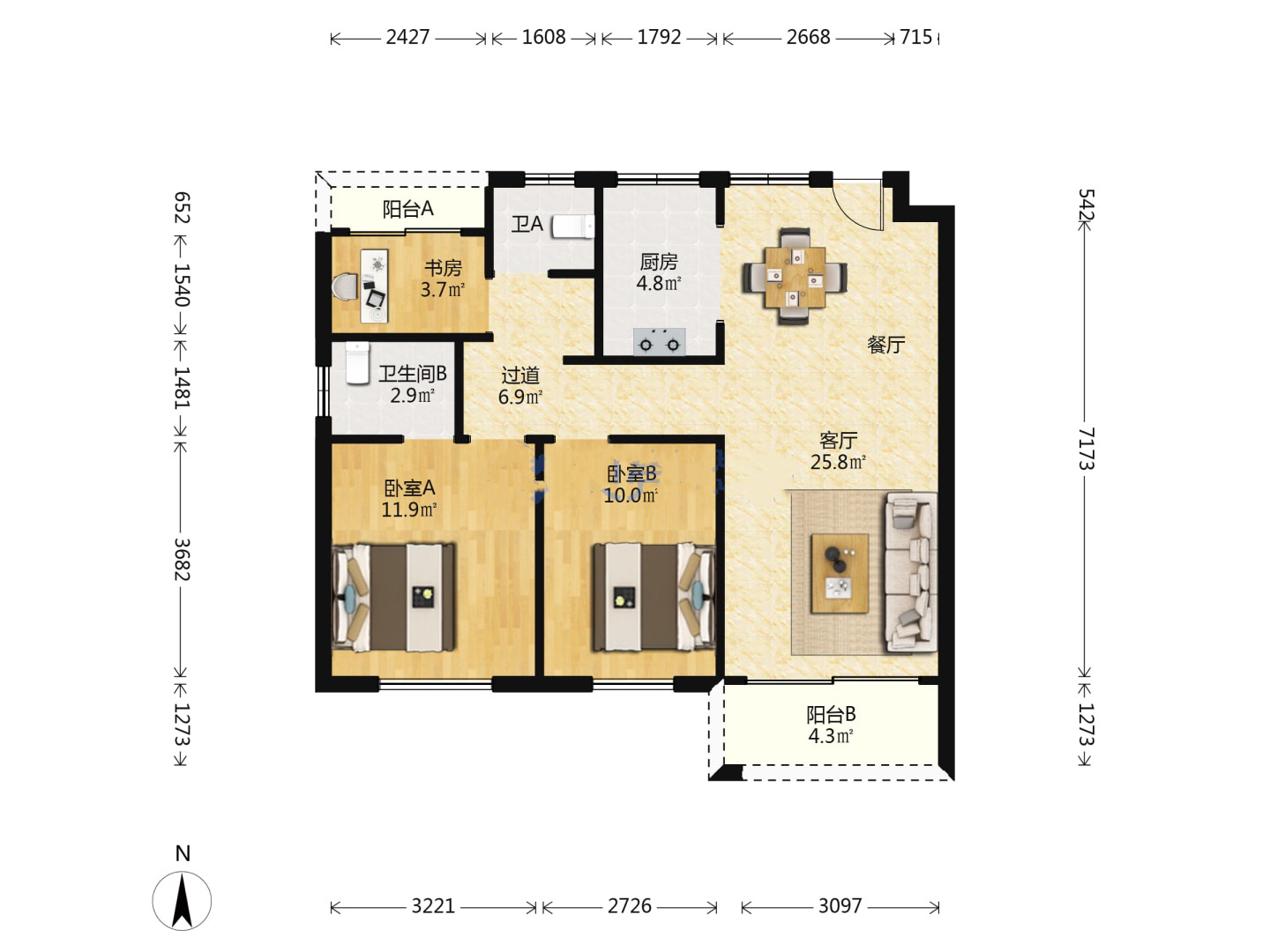 江湾国际中心 3室2厅1卫 98m&sup2;