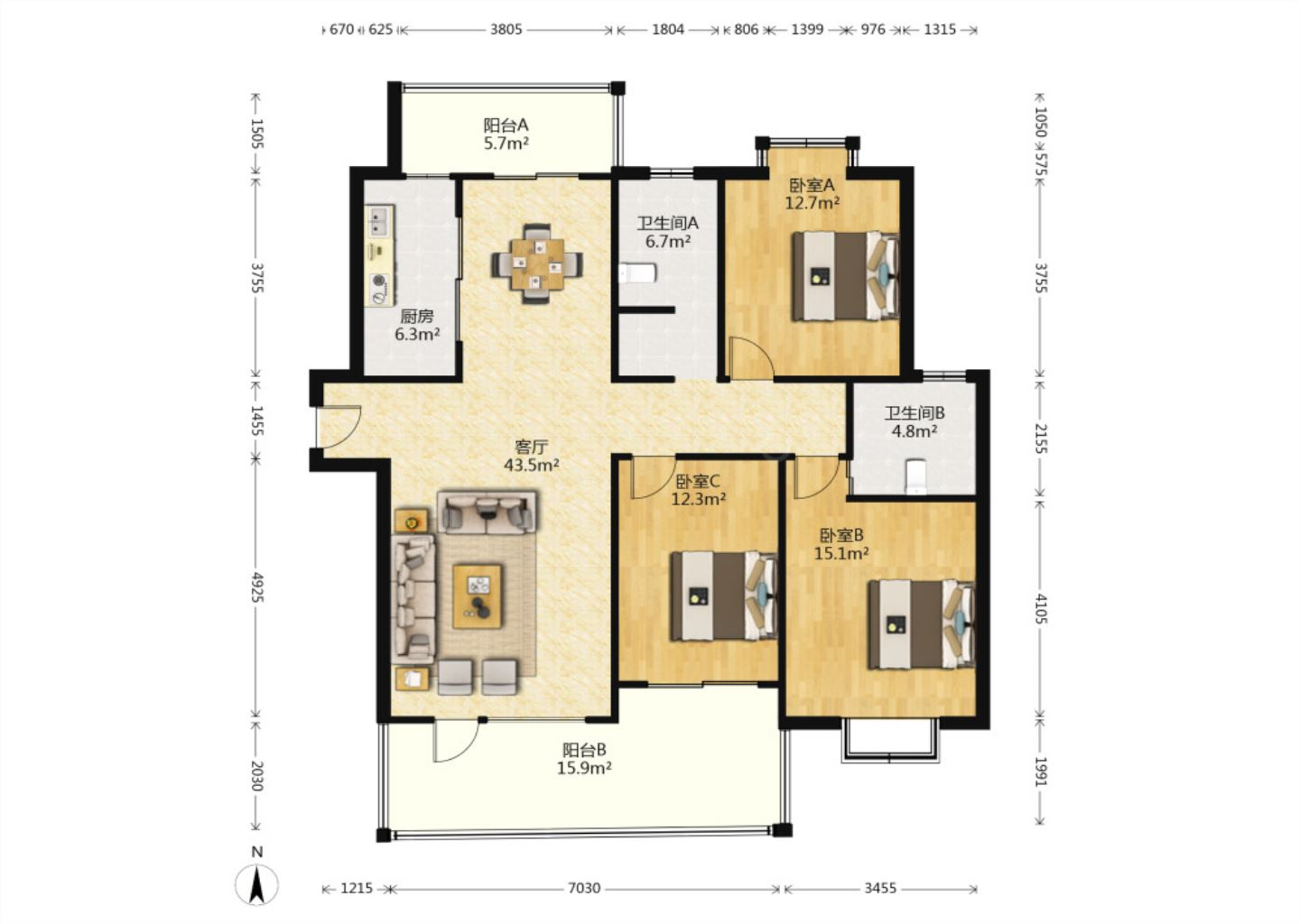 中南世纪城北区 3室2厅2卫 152m&sup2;