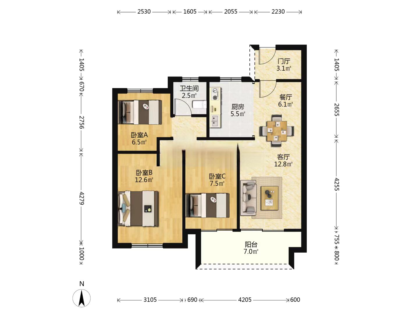 东时区 3室2厅1卫 93m&sup2;