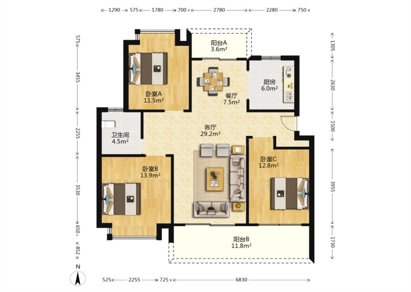 国城璟府 3室2厅1卫 130m&sup2;