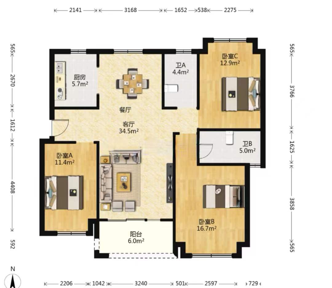 南通雅居乐花园 3室2厅1卫 127m&sup2;