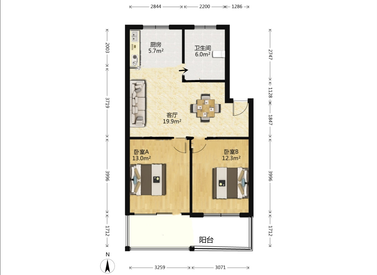 晏园河东老街 2室1厅1卫 77.30m&sup2;